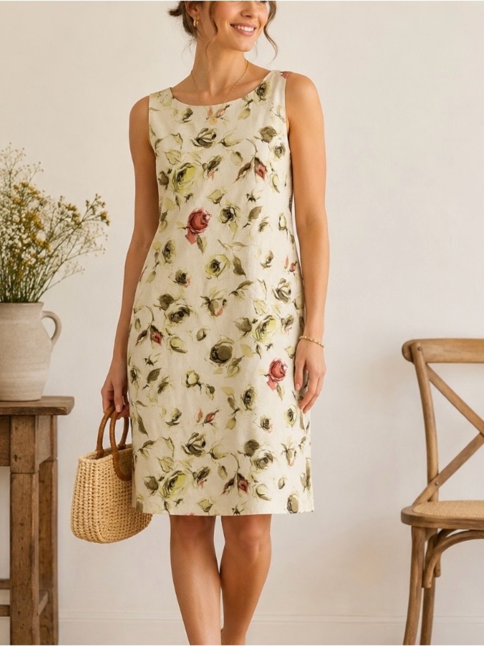 Casual Corner Linen Blend Floral Shift Dress Women’s 8 Sleeveless Cottage core
